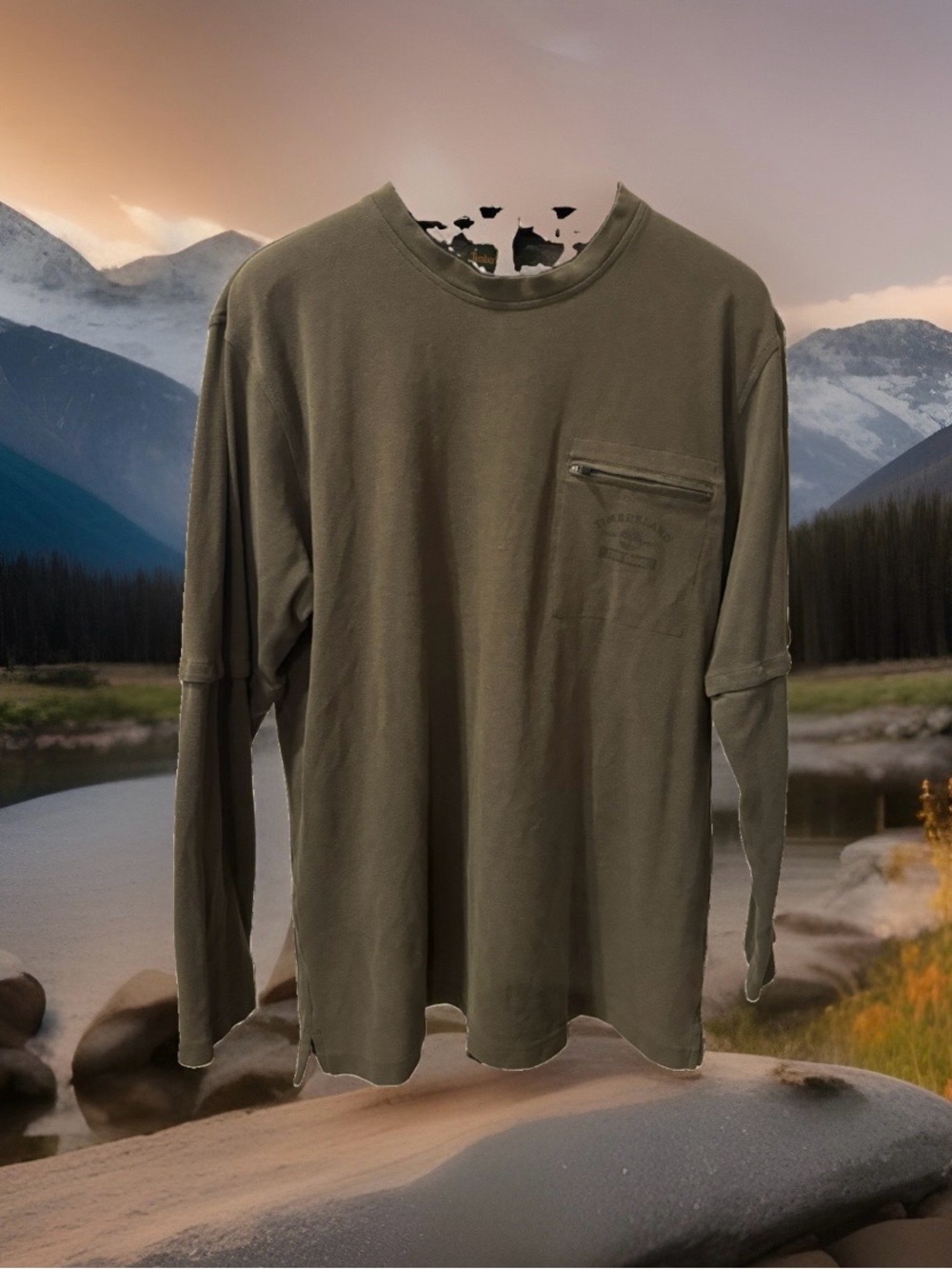 Timberland Men's Green Pique Crewneck Pullover Sweater L Long Sleeve Zip Pocket